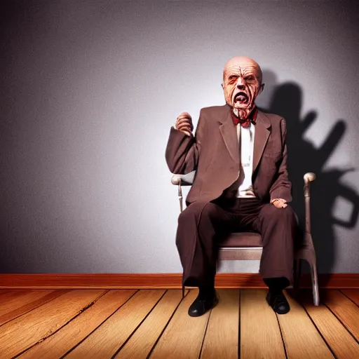 Image similar to angry old man in chair inside a dark house, surrealism