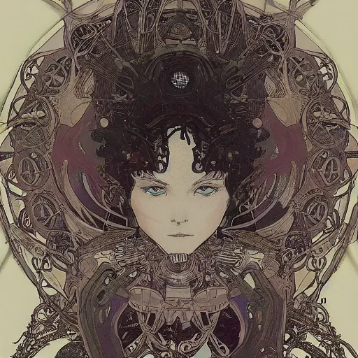 Image similar to alphonse mucha yoji shinkawa moebius jean girard shintaro kago junji ito esoteric hypnogogic ethereal ethereality dreamy combat mech cyberpunk synthwave gustave dore james gurney artstation rutowski artstation deviantart unsplash behance incredible intricate machinery illusionary art and trash polka