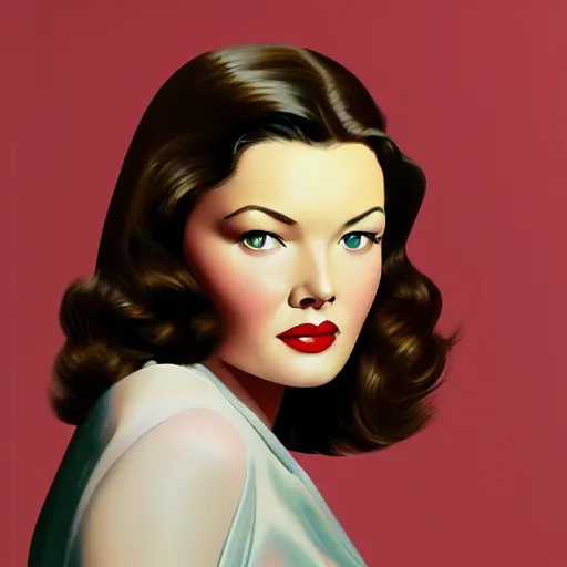 Prompt: young beautiful Gene Tierney color studio publicity photo , tight face shot portrait, highly detailed, digital painting, artstation, concept art, sharp focus, illustration, art , by norman rockwell