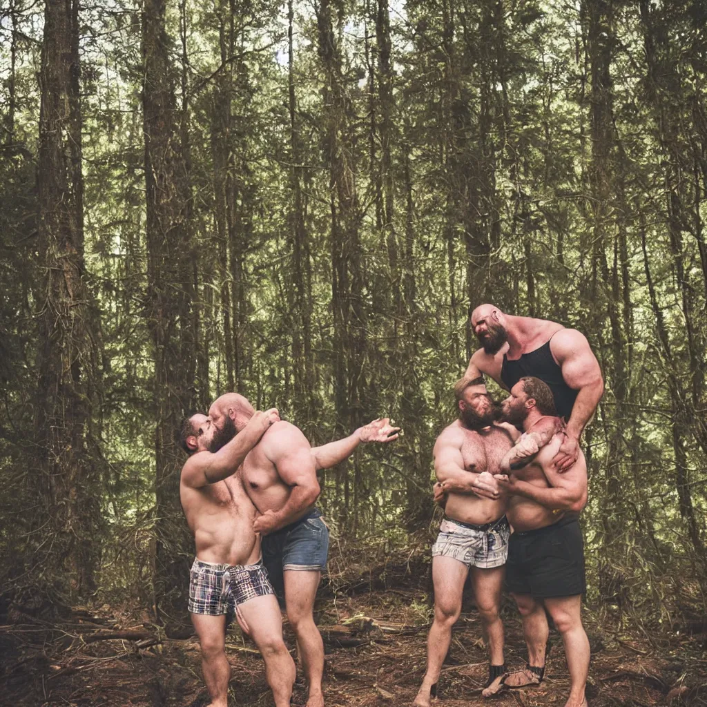 Image similar to two big hairy strongmen husbands in shorts in a forest, kissing around a campfire, daddy energy, wholesome, cute, love, photography, high details, epic, high resolution