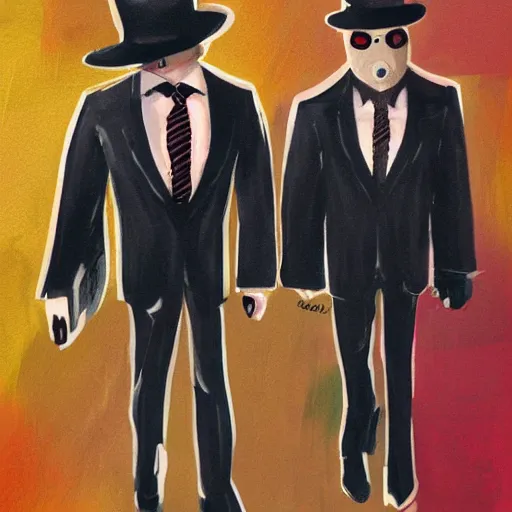 Prompt: 2 billionaire Mafia bears coming to collect their debt, wearing black suits and laser eyes, film noir, trending on art station, 8k, dramatic, highly detailed