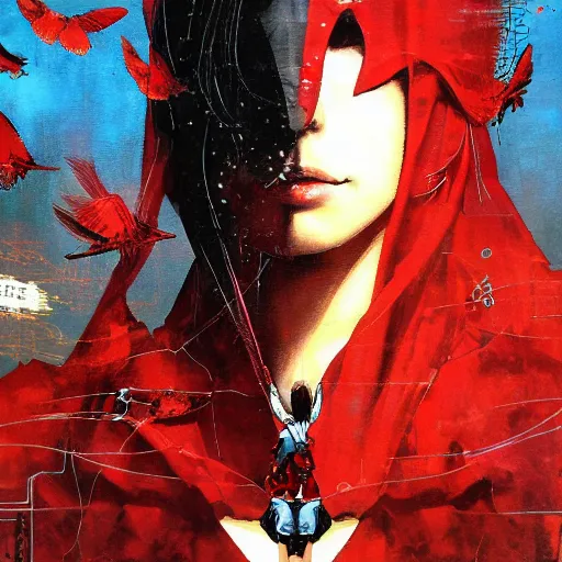 Prompt: portrait of a daydreaming melancholic latina woman in a red hood monk custome being progressively rasterized into pixels, surrounded by digital birds and a giant loving mecha robot, oil on canvas by yoji shinkawa, esao andrews and dave mckean