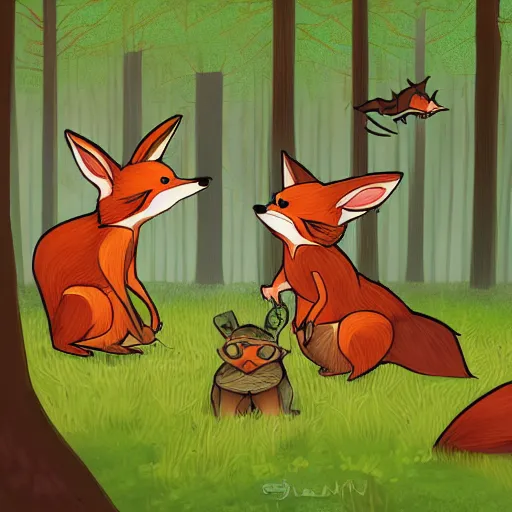 Image similar to 3 woodland critters, resistance, communist, bunny, mouse, fox, political meeting in the woods, antropomorphic, fantasy digital art, art station