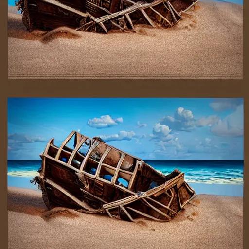Image similar to shipwreck on a sandy beach on a sunny day? highly detailed, trending on artstation, award winning