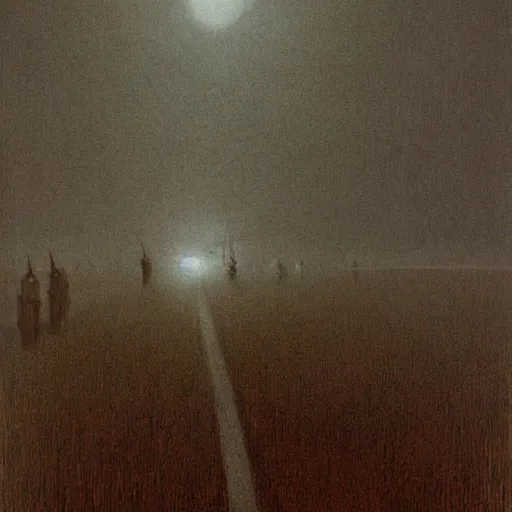 Prompt: thousands of beings standing on a road, car driver pov, headlights, by Zdzislaw Beksinski