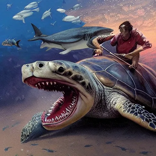 Prompt: turtle kills shark profile picture geog darrow greg rutkowski