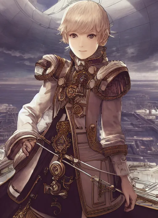 Image similar to character portrait of the white herald on the deck of an imperial airship in the sky, hidari, color page, tankoban, 4K, tone mapping, Akihiko Yoshida.