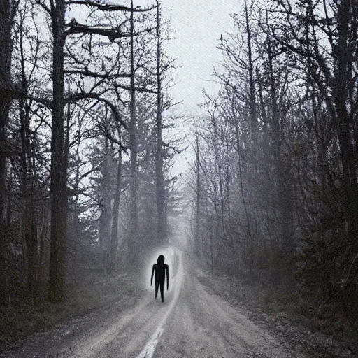 Prompt: “real life Wendigo on the side of eerie backroads”