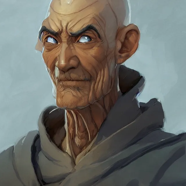 Image similar to avatar aang as a frail old man, portrait, elegant, intricate, digital painting, artstation, concept art, smooth, sharp focus, illustration, art by konstantin korovin and daniel f. gerhartz and john howe