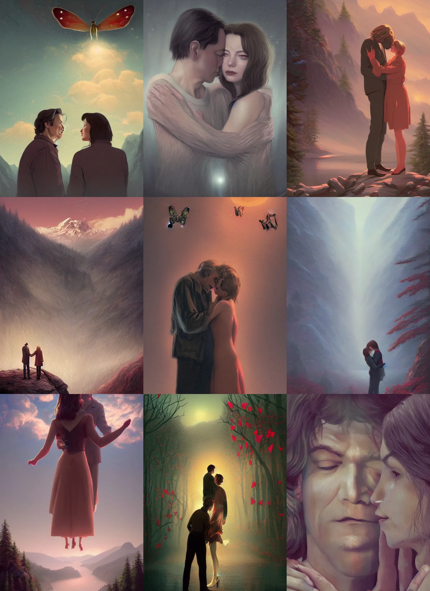 Prompt: Twin Peaks poster artwork by T Wolf, P Cattaneo, S Baraldi, Artem Chebokha, Rendering of a cinematic beautiful closeup moment of lovers saying goodbye. Pensive Lonely I love you moth man butterfly woman, full of details, by Makoto Shinkai and thomas kinkade, Matte painting, trending on artstation and unreal engine