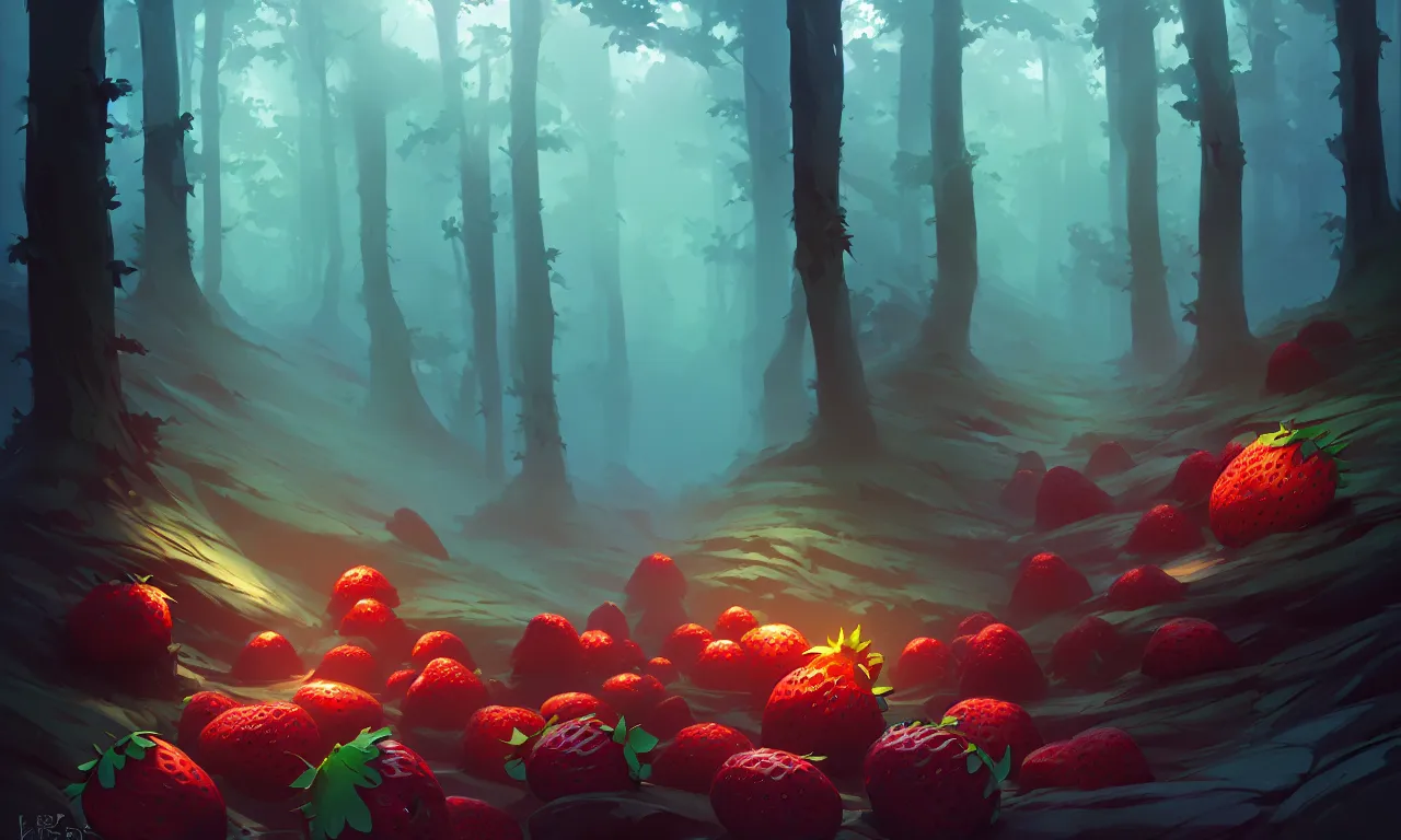 Image similar to Dark forest strawberries, behance hd by Jesper Ejsing, by RHADS, Makoto Shinkai and Lois van baarle, ilya kuvshinov, rossdraws global illumination