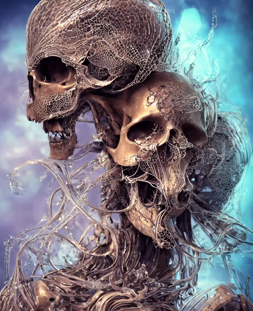 Image similar to close-up macro portrait of the face of a beautiful princess with animal skull mask, epic angle and pose ribcage skeleton, symmetrical artwork, 3d with depth of field, blurred background, cybernetic jellyfish female face skull phoenix bird, translucent, nautilus, energy flows of water and fire. a highly detailed epic cinematic concept art CG render. made in Maya, Blender and Photoshop, octane render, excellent composition, cinematic dystopian brutalist atmosphere, dynamic dramatic cinematic lighting, aesthetic, very inspirational, arthouse. y Greg Rutkowski, Ilya Kuvshinov, WLOP, Stanley Artgerm Lau, Ruan Jia and Fenghua Zhong