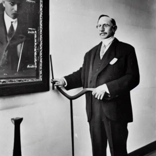 Prompt: a rutgers university president looking wistfully at a cane mounted on the wall of his office, 1 9 2 8
