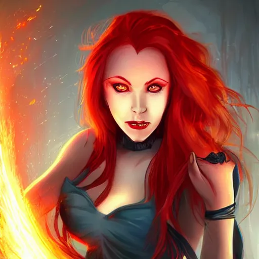 Prompt: beautiful female sorceress, dungeons and Dragons, red hair, glowing eyes