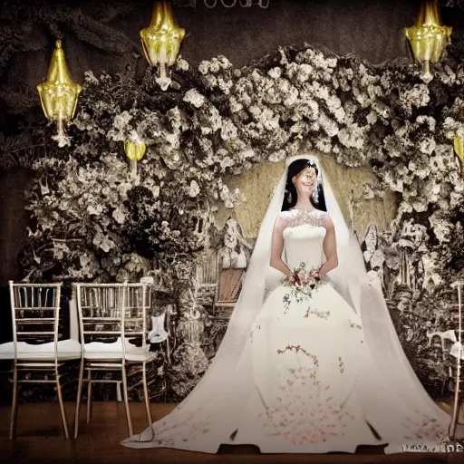 Prompt: A wide full shot, colored black and white Russian and Japanese mix historical fantasy a photograph portrait taken of inside the royal wedding floral covered venue inspired by a enchanted ethereal forest, photographic portrait, warm lighting, 1907 photo from the official wedding photographer for the royal wedding. ultra realistic, photorealistic, octane render, ray cinematic.