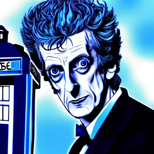 Prompt: peter capaldi, as doctor who, location is inside the TARDIS, anime chibi, by Osamu Tezuka, hyper detailed, hyper realistic, digital art, trending on pixiv