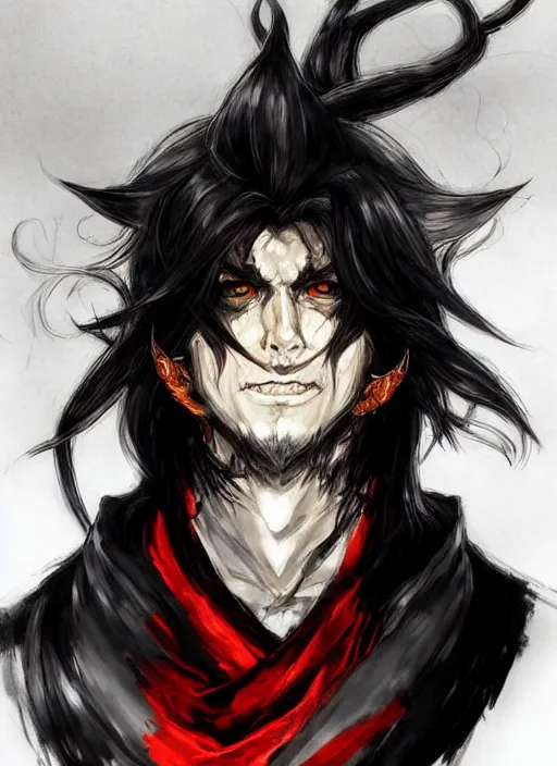 Image similar to Half body portrait of a handsome elf fire mage with long black hair wearing ornate scarlet robe, crazy grin, flame, anarchy. In style of Yoji Shinkawa and Hyung-tae Kim, trending on ArtStation, dark fantasy, great composition, concept art, highly detailed, dynamic pose.