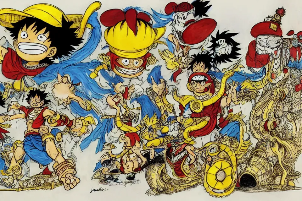 Prompt: concept sketches of luffy wearing a gold crown riding a large dragon by jamie hewlett, in the style of megaman, micro detail