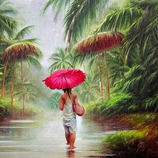 Image similar to monsoon on tropical island, attractive oriental native in white, frontal, ornate, beautiful, atmosphere, vibe, mist, coconuts, rain, wet, pristine, puddles, melting, dripping, snow, creek, lush, ice, bridge, forest, roses, flowers, oil painting by hans zatska