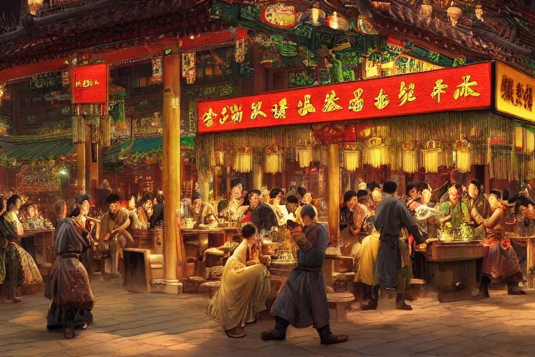 Image similar to fantasy art of a bustling tavern in china, at night, by james c christensen, highly detailed digital art, trending on artstation