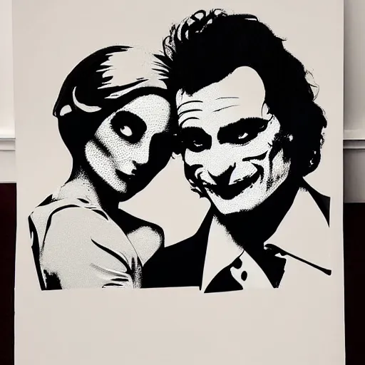 Image similar to mimmo rottela and banksy as joaquin phoenix skinny joker holding hand lady gaga harley queen, very realistic, intricate details, pop art style, concept art, confident, love, random object movement, 3 colours, proportional size, warm color, 4 k, ultra smooth, sharp focus