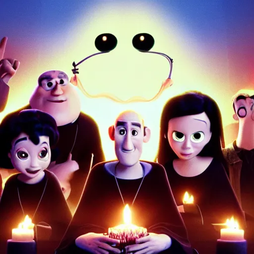 Image similar to pixar movie, a happy family in black cult robes sitting around a red pentagram on the floor performing an evil occult ritual to summon the antichrist