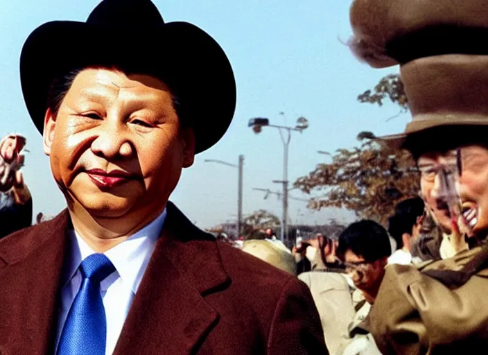 Image similar to xi jinping dressed as a cowboy wearing a disguise while he sinks into a tar pit wide shot, from the hit 9 0 s tv show