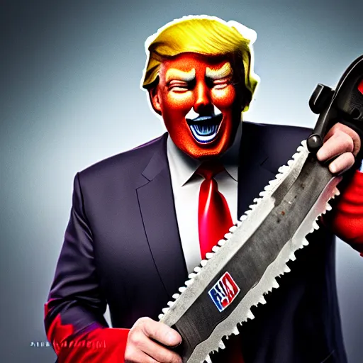 Image similar to portrait of donald trump as a clown, laughing and holding a chainsaw in gears of war, splash art, movie still, cinematic lighting, ray tracing, octane render, long lens, shallow depth of field, bokeh, anamorphic lens flare, 8 k, hyper detailed, 3 5 mm film grain