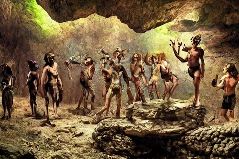 Image similar to Stone Age rave in a cave, I’m the style of Peter Goodfellow