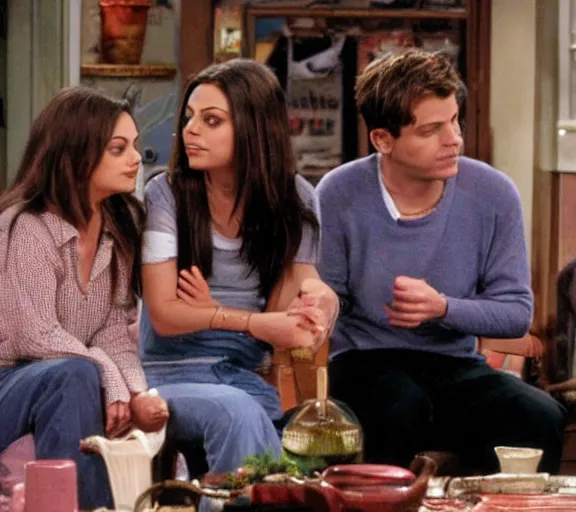 Image similar to a movie still of mila kunis in the tv show friends speaking with joey