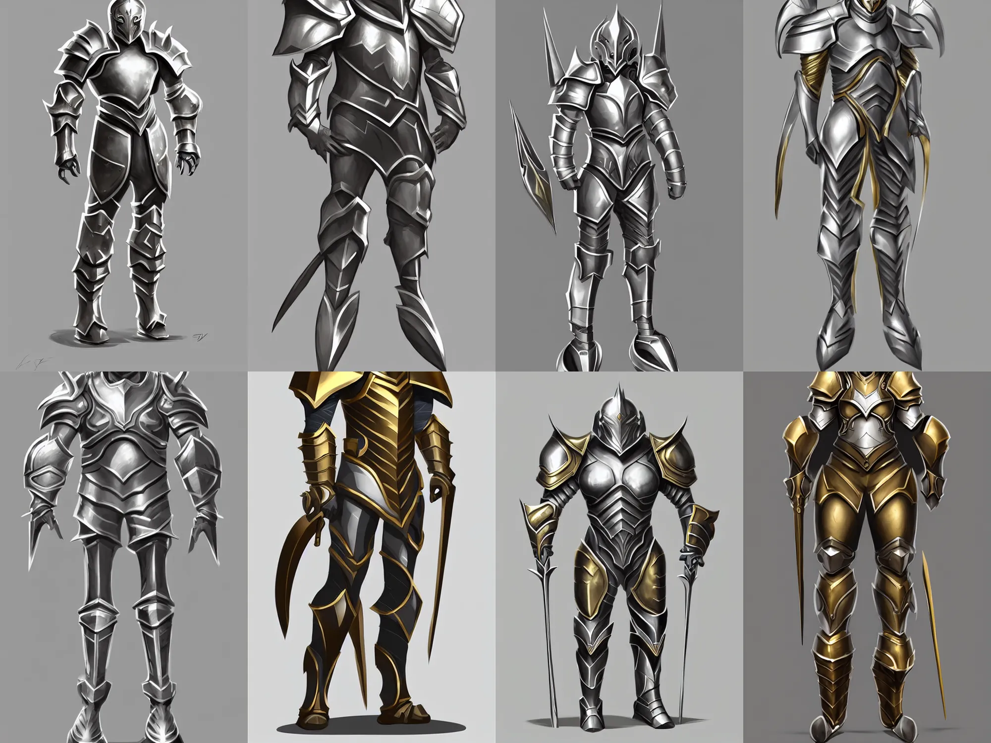 Prompt: heavy fantasy armor, minimal concept sketch, silver with gold trim, extremely polished, exaggerated proportions, flat shading, smooth, uncluttered, extremely clean, fantasy character portrait, professional concept art, front view, A-pose, full body