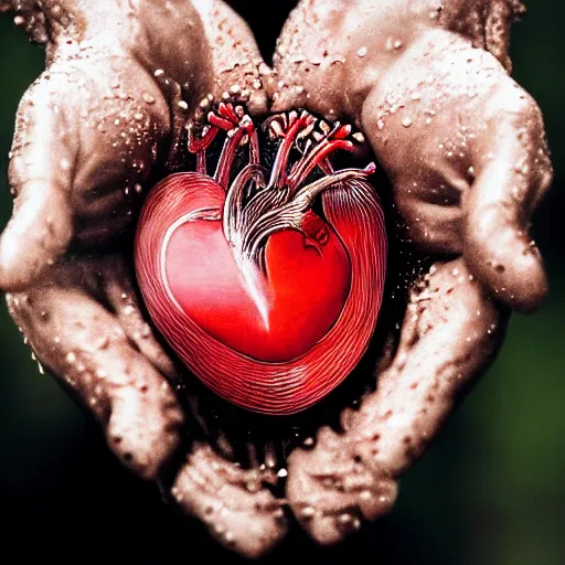 Prompt: a realistic anatomical human heart placed inside a small glass box held in the palms of my hands, raindrops, rain splashing, photography 50mm f1.4, by Esao Andrews