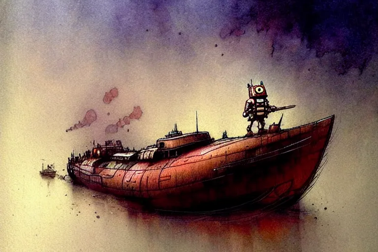Image similar to adventurer ( ( ( ( ( 1 9 5 0 s retro future robot android mouse house boat tug boat calm stream. muted colors. ) ) ) ) ) by jean baptiste monge!!!!!!!!!!!!!!!!!!!!!!!!! chrome red