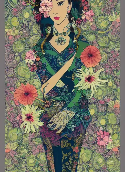 Prompt: !!! very coherent!!! vector art, beautiful floralpunk balinese cyborg portrait girl female illustration detailed patterns art of bali traditional dress, flower pop art, floral splash painting, art by ashley wood, alphonse mucha, makoto shinkai, geof darrow, dark shadow