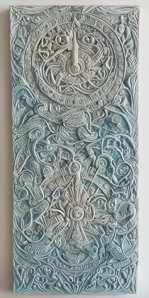 Image similar to intricate colourfully painted carved Soapstone relief paneling, white and pale blue , celestial, cosmos, galaxies, planets, divinity, moon goddess, mother earth, Earth Goddess mythology, Gaia, angels, dream atmosphere, Ghostly, crystaline celtic, insanly detailed , artstation, wallpaper, hyper realistic, realistic lighting