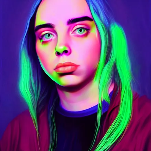 Prompt: billie eilish portrait neon digital painting