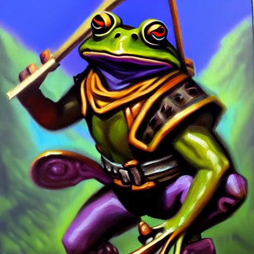 Prompt: oil painting of a frog warrior, in the style of 9 0 s dungeons & dragons and magic the gathering, character art card, highly readable