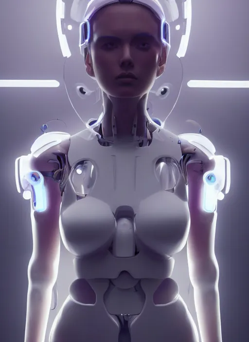 Image similar to white one cast futuristic biomechanics futuristic humanoid, pretty face, beautiful female, futuristic, neon lights, cyberpunk, 8 k, digital painting, by beeple and makoto shinkai, trending on cg society, glamour pose, high fashion, photorealistic, hyper realistic, perfect body, anatomical correct, ambient occlusion render