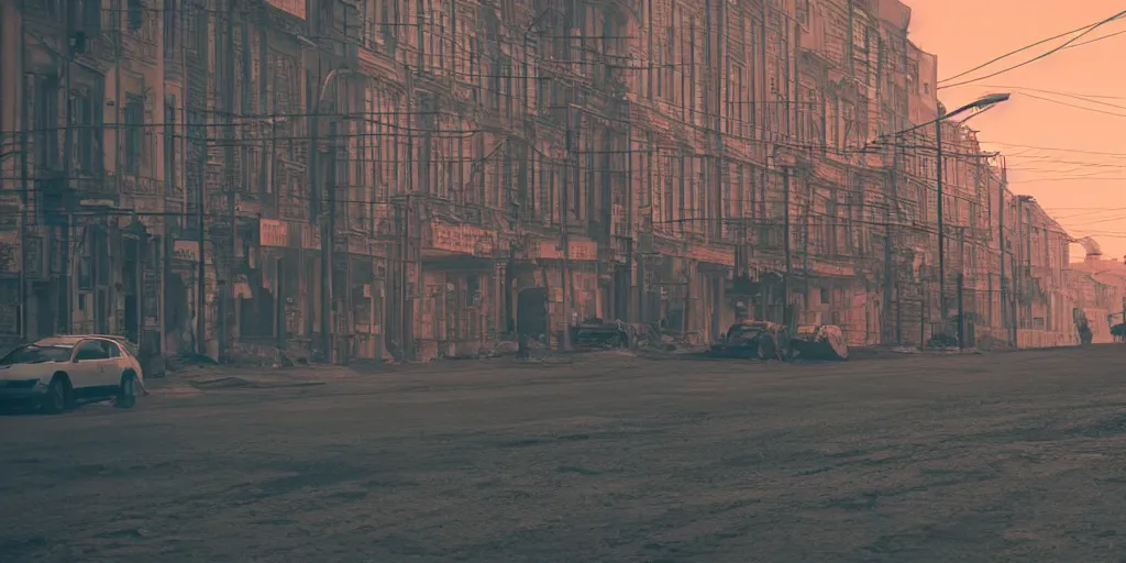 Prompt: photo of city street neon on mars, norilsk st. petersburg city, telephoto, anamorphic cinematography, beautiful composition, color theory, leading lines, photorealistic, moody volumetric lighting