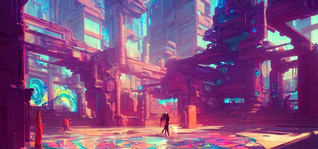 Image similar to street view of a cybernetic temple, vaporwave aesthetic, colorful, psychedelic, digital painting, artstation, concept art, smooth, sharp focus, illustration, art by artgerm and greg rutkowski and alphonse mucha