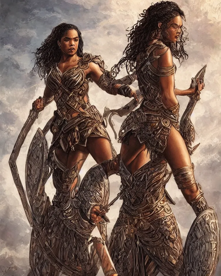 Prompt: tessa thompson as an amazon warrior, tall and beautiful with brown skin and long hair, but better, dressed in hellenistic body armor, intricate, elegant, highly detailed, smooth, sharp focus, detailed face, art by ardian syaf