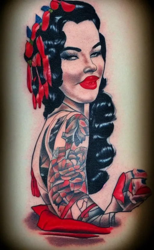 Image similar to traditional American tattoo of black haired pinup girl wearing heels, red lipstick