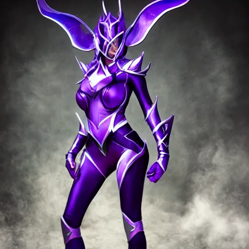 Image similar to Syndra from League of Legends. Horned helmet covering eyes. Purple and black magic outfit. Floating woman