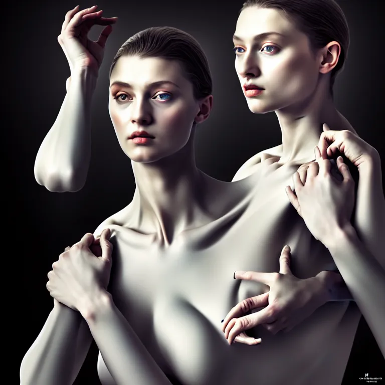 Image similar to hyperrealism photography computer simulation visualisation of parallel universe dramatic scene with beautiful highly detailed ukrainian woman by caravaggio wearing neofuturistic neural interface by josan gonzalez. volumetric natural light - s 1 5 0