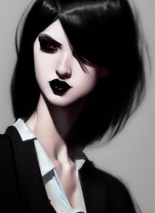 Image similar to ultradetailed beautiful panting of a stylish goth woman wearing a shirt with a tie, dramatic, she has black hair, distressed, volumetric light, by greg rutkowski, ilya kuvshinov, james jean, makoto shinkai, on artstation