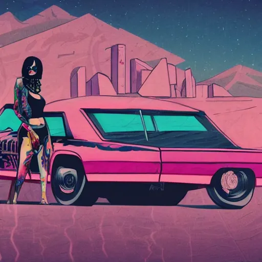 Prompt: a colorfully detailed comic noir style illustration of a tattooed woman posing next to a pink Cadillac in a post-apocalyptic desert by queens of the stone age and sachin teng, dark vibes, street art, cinematic, high contrast, depth of field