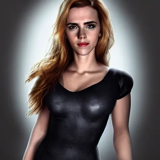 Image similar to a woman who is a genetic combination of scarlett johansson and emma watson face and upper - body focus