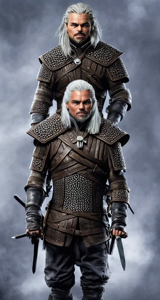 Image similar to Leonardo Dicaprio wearing Geralt of Rivia\'s armor, promo shoot, studio lighting