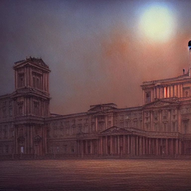 Prompt: solidity and eternity buckingham palace, lovecraft, concept art by beksinski and jean delville, dramatic lighting, ultra hd, hdr, 8 k