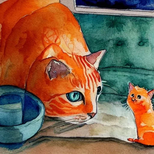 Image similar to A fat, cute orange cat in a beautiful room, cozy, watercolor on paper by ANNA LEA HUCHT, details, lights, beautiful